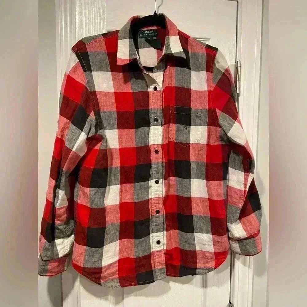 Lauren Ralph Lauren Black Red Plaid 100% Linen Button Down Long Sleeve Size M